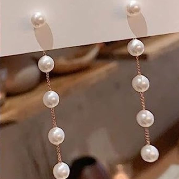 4" Long Pearl Gold Chain Earrings Bridal Bride Chains Faux Pearls Weddin… - Picture 3 of 5